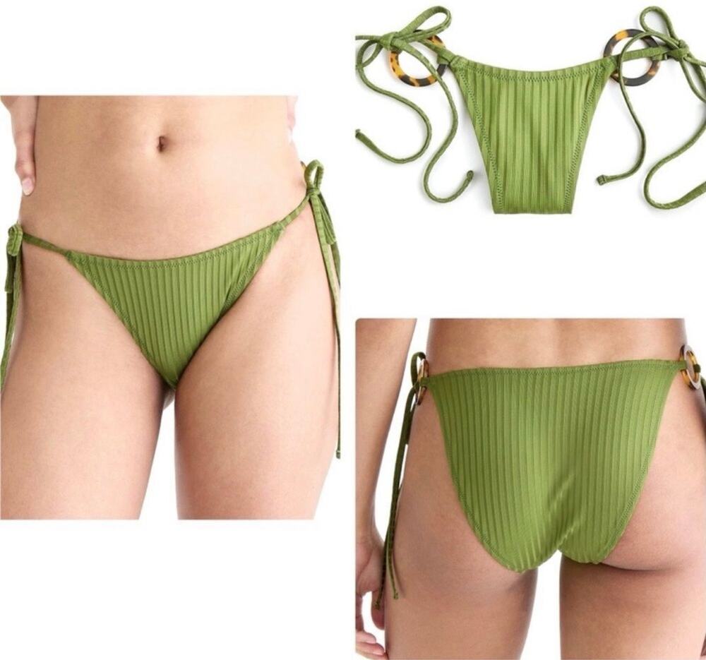 J. Crew Green Wide-Rib Curved-Waist Cheeky String Bikini Bottom with Rings